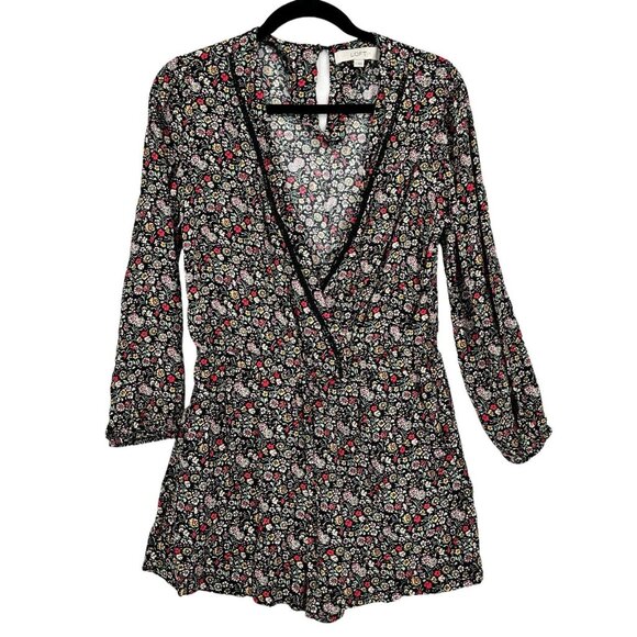 Ann Taylor Loft Black Multi Wrap Floral Shorts Romper Long Sleeve Pockets Medium - Picture 1 of 9